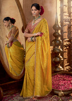 Mustard Viscose Crepe Saree with Butti Weaving and Embroidered Blouse