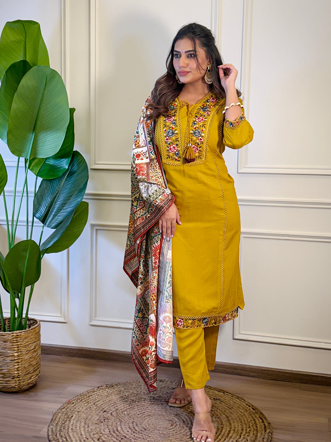 Mustard Viscose Elegant Kurta Pant Set With Embroidery Work