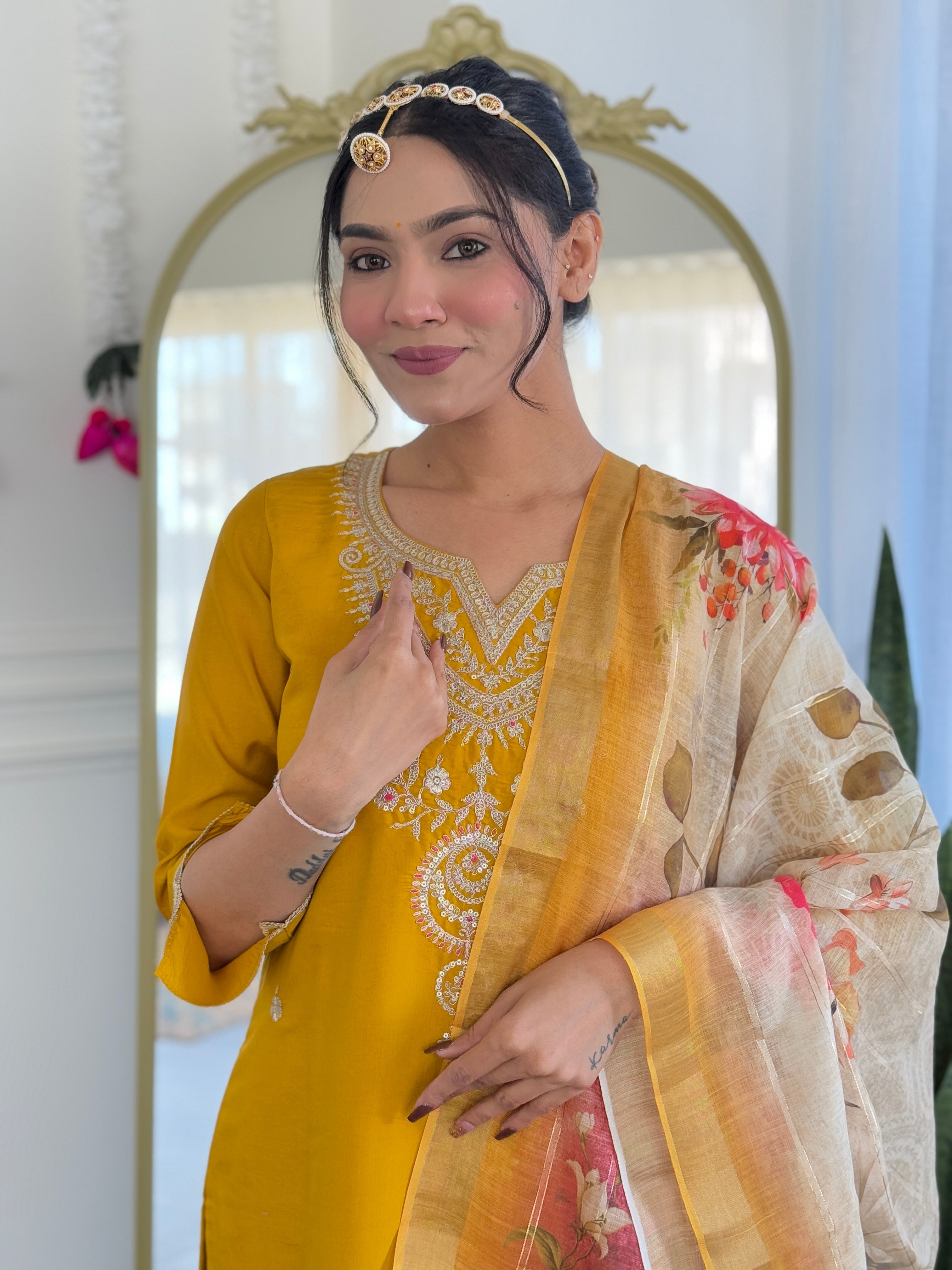 Mustard Viscose Elegant Kurta Pant Set With Embroidery Work