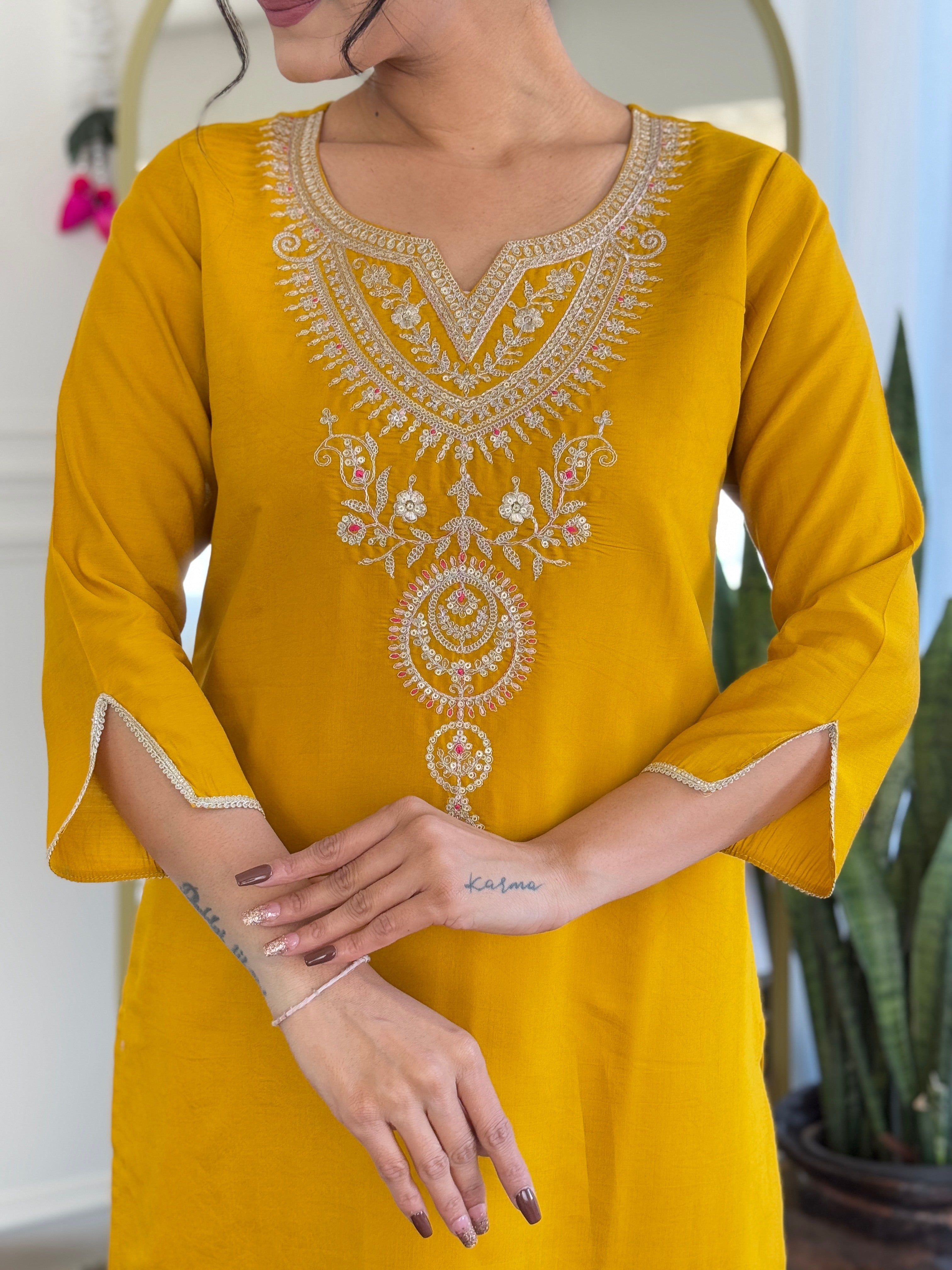 Mustard Viscose Elegant Kurta Pant Set With Embroidery Work