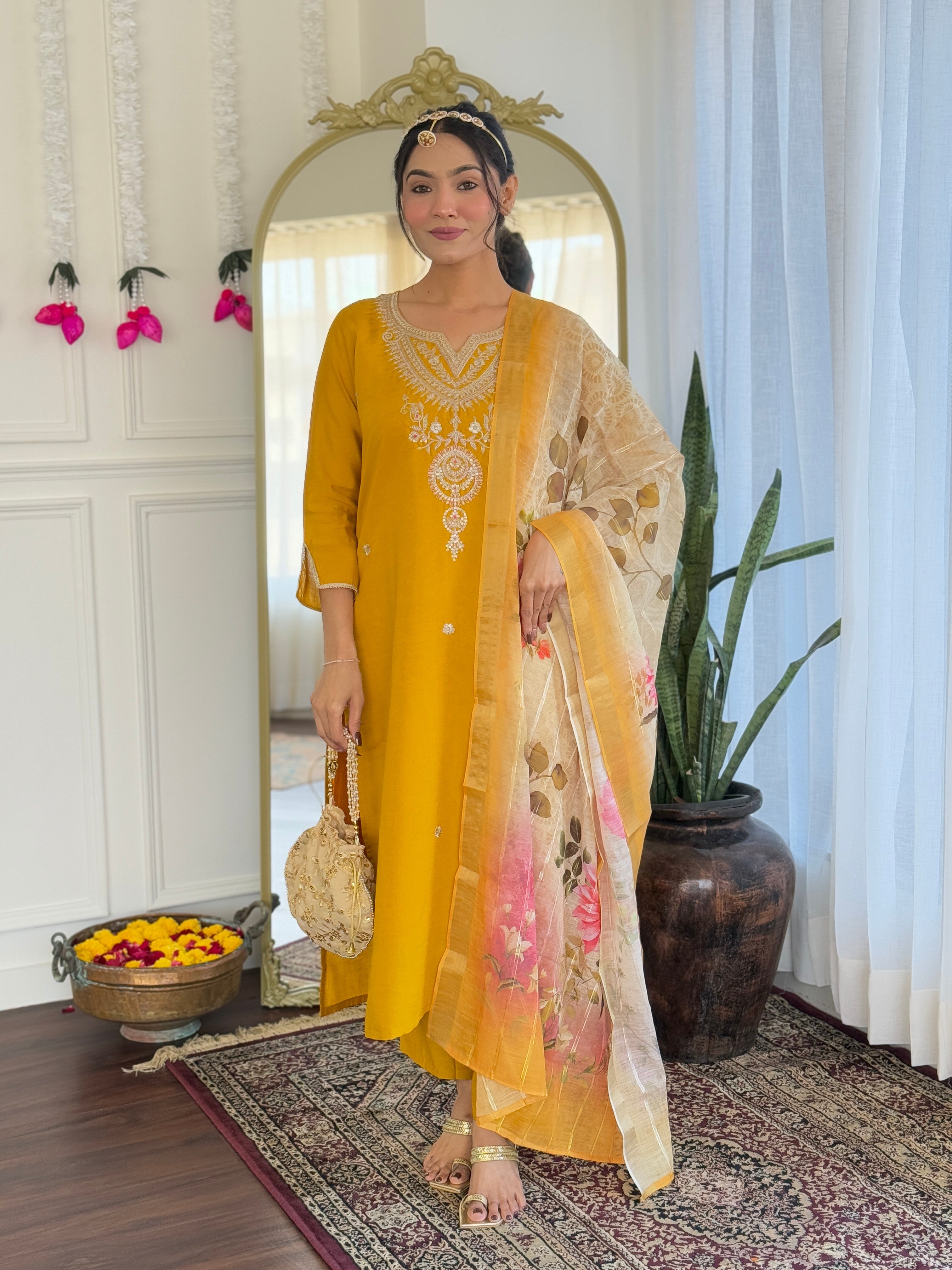 Mustard Viscose Elegant Kurta Pant Set With Embroidery Work