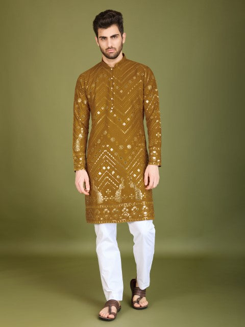 Mustard Viscose Rayon Thread & Sequins Embroidery Ceremonial Kurta