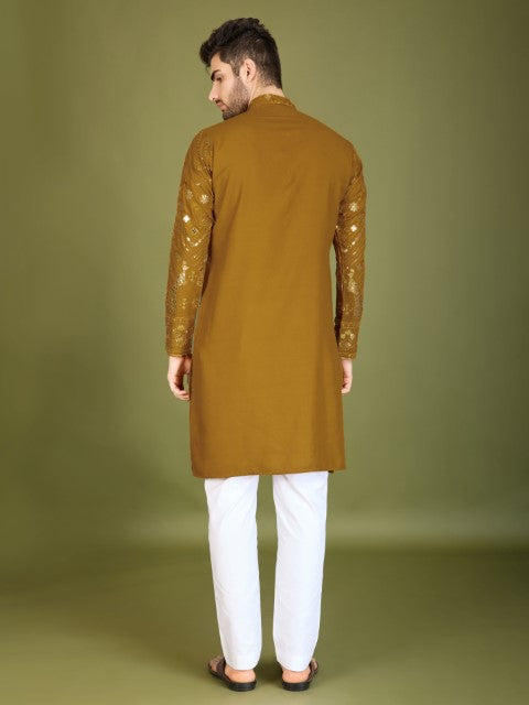 Mustard Viscose Rayon Thread & Sequins Embroidery Ceremonial Kurta