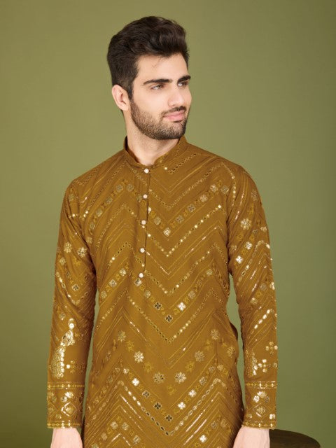 Mustard Viscose Rayon Thread & Sequins Embroidery Ceremonial Kurta