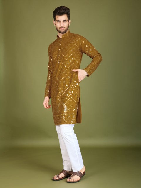 Mustard Viscose Rayon Thread & Sequins Embroidery Ceremonial Kurta