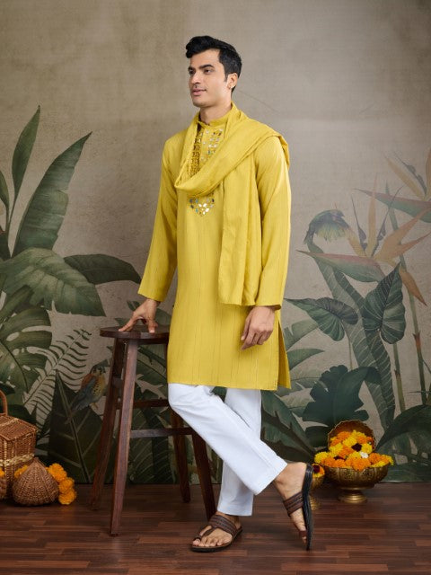 Mustard Viscose Silk Woven & Mirror Embroidery Kurta with Dupatta