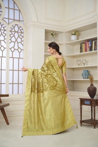 Mustard Woven Jacquard Designer With Printed Rich Silk Stylish Ceremonial Saree