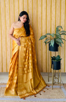 Mustard Woven Jari Designer Gimichu Silk Partywear Saree