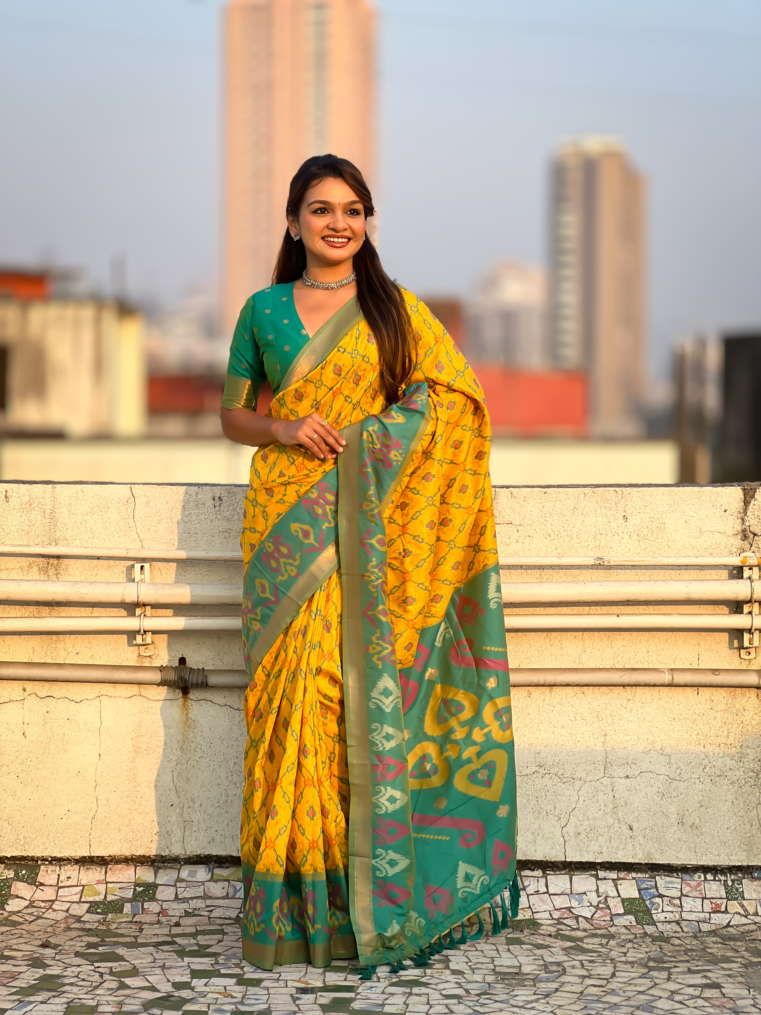 Mustard Woven Meenakari Ikkat Designer Patola Silk Ceremonial Saree
