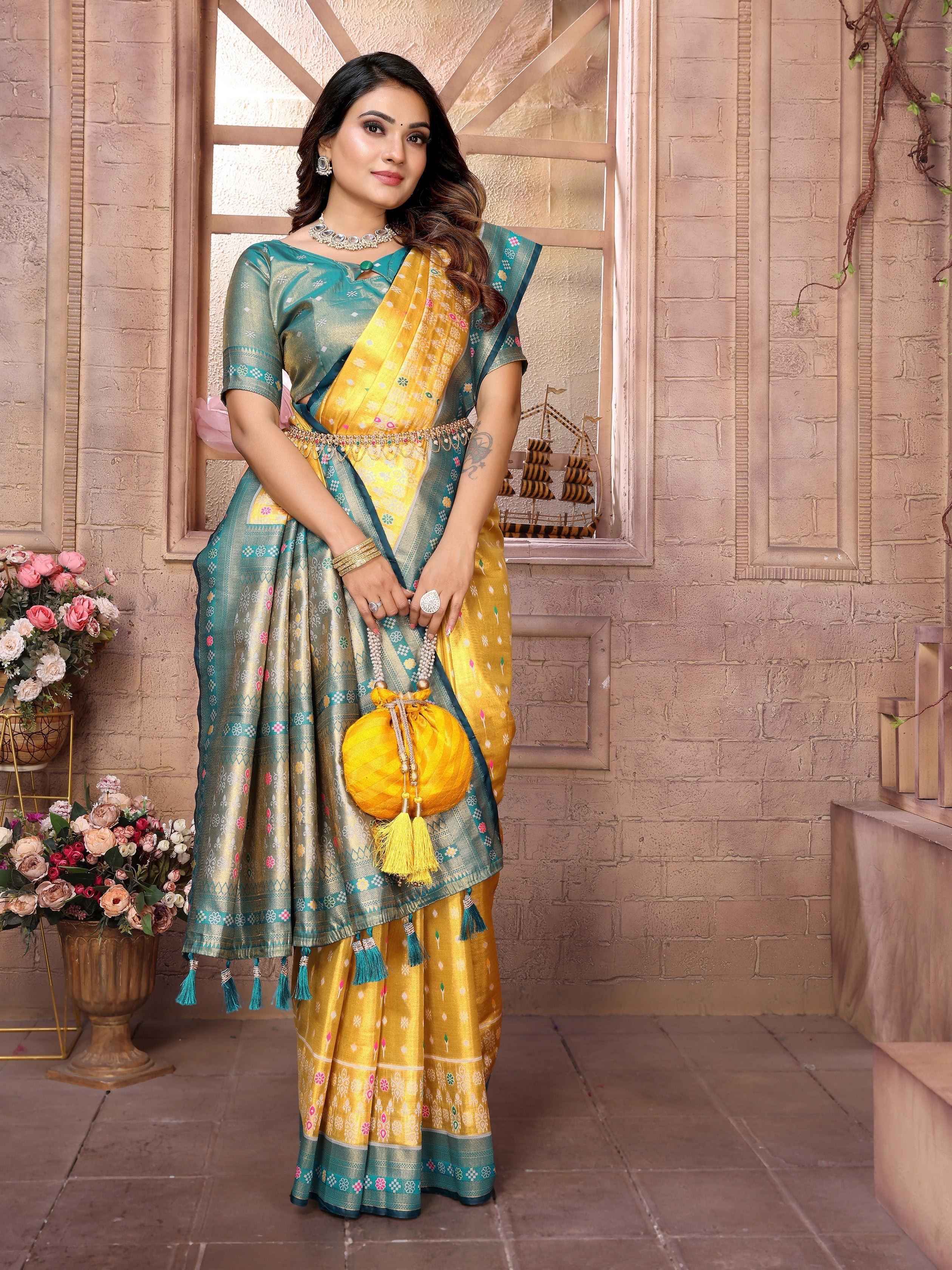 Mustard Woven Patola Designer Banarasi Tissue Silk Saree