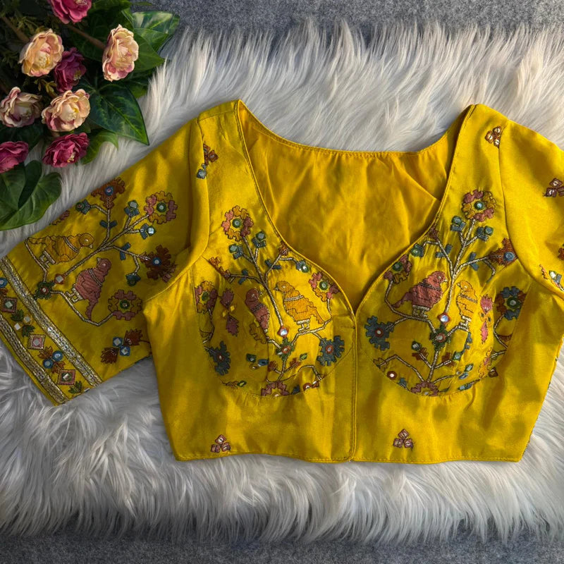 Mustard Yellow Bird Motif Mirror Work Blouse  Cosmos Silk Designer Partywear