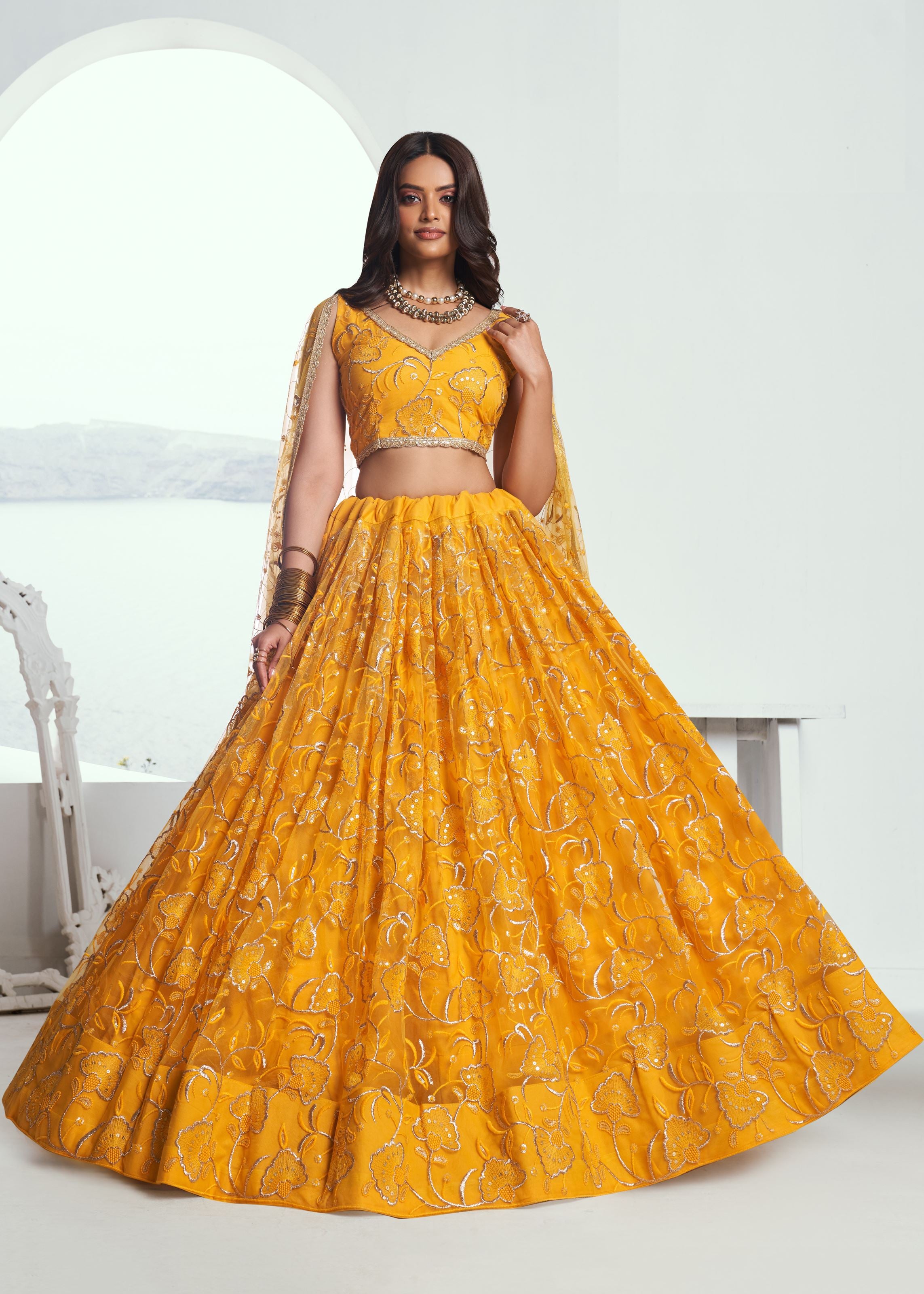 Mustard Yellow Lehenga with Heavy Thread Embroidery Sequins Work