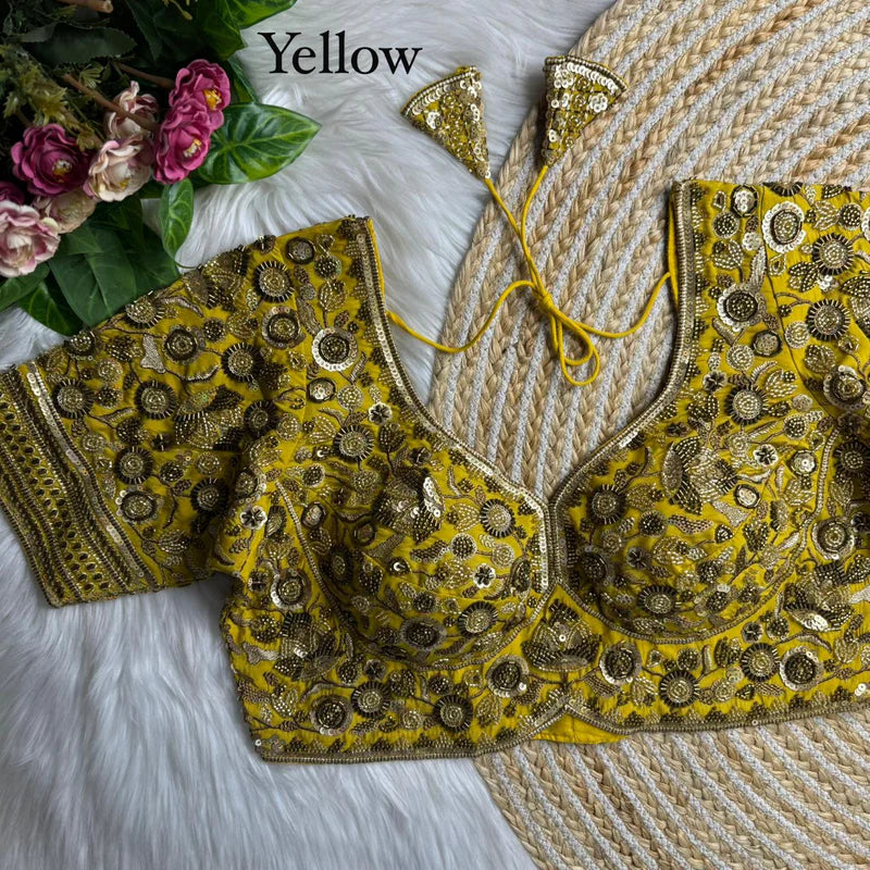 Mustard Yellow Luxury Heavy Beads Bridal Blouse  Roman Silk Designer Wedding Wear