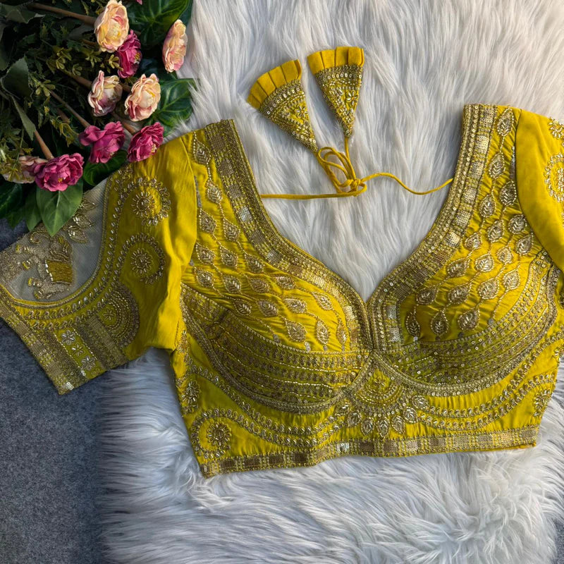 Mustard Yellow Royal Elephant Patch Work Bridal Blouse  Roman Silk Heavy Beads & Sequins Designer Wear