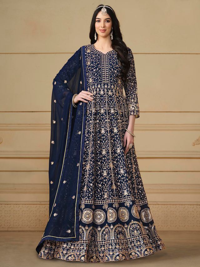 Navy Blue Anarkali Suit With Heavy Thread Embroidery With Sequis Work
