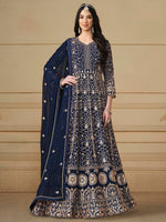 Navy Blue Anarkali Suit With Heavy Thread Embroidery With Sequis Work