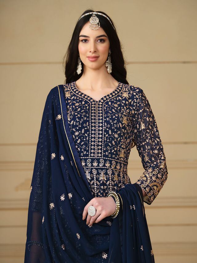 Navy Blue Anarkali Suit With Heavy Thread Embroidery With Sequis Work