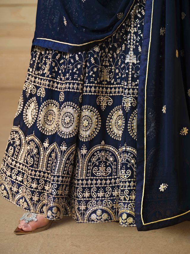 Navy Blue Anarkali Suit With Heavy Thread Embroidery With Sequis Work