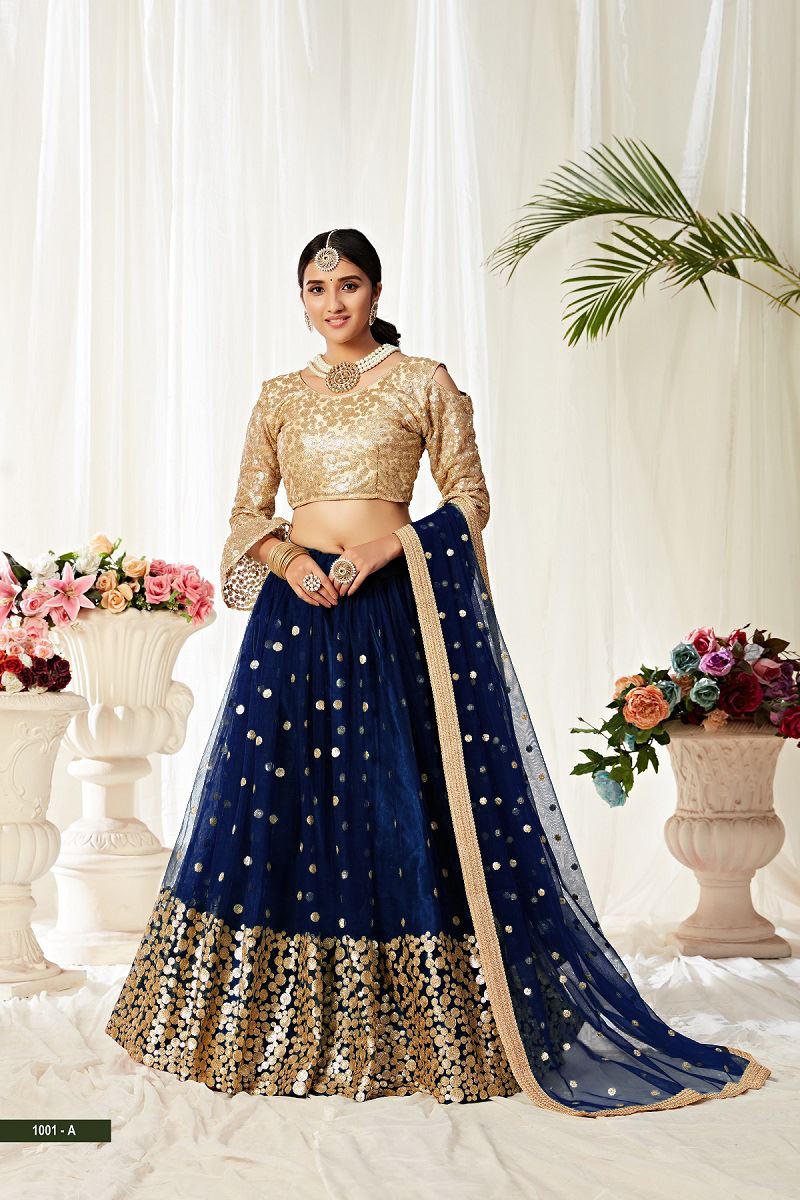 Navy Blue And Golden Lehenga Choli With Sequins And Thread Embroidered Work