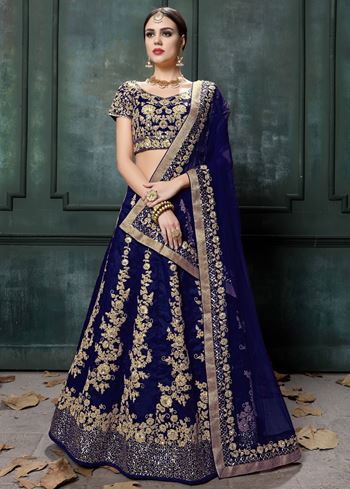 Navy Blue Applique Embroidery Silk Wedding Lehenga Choli