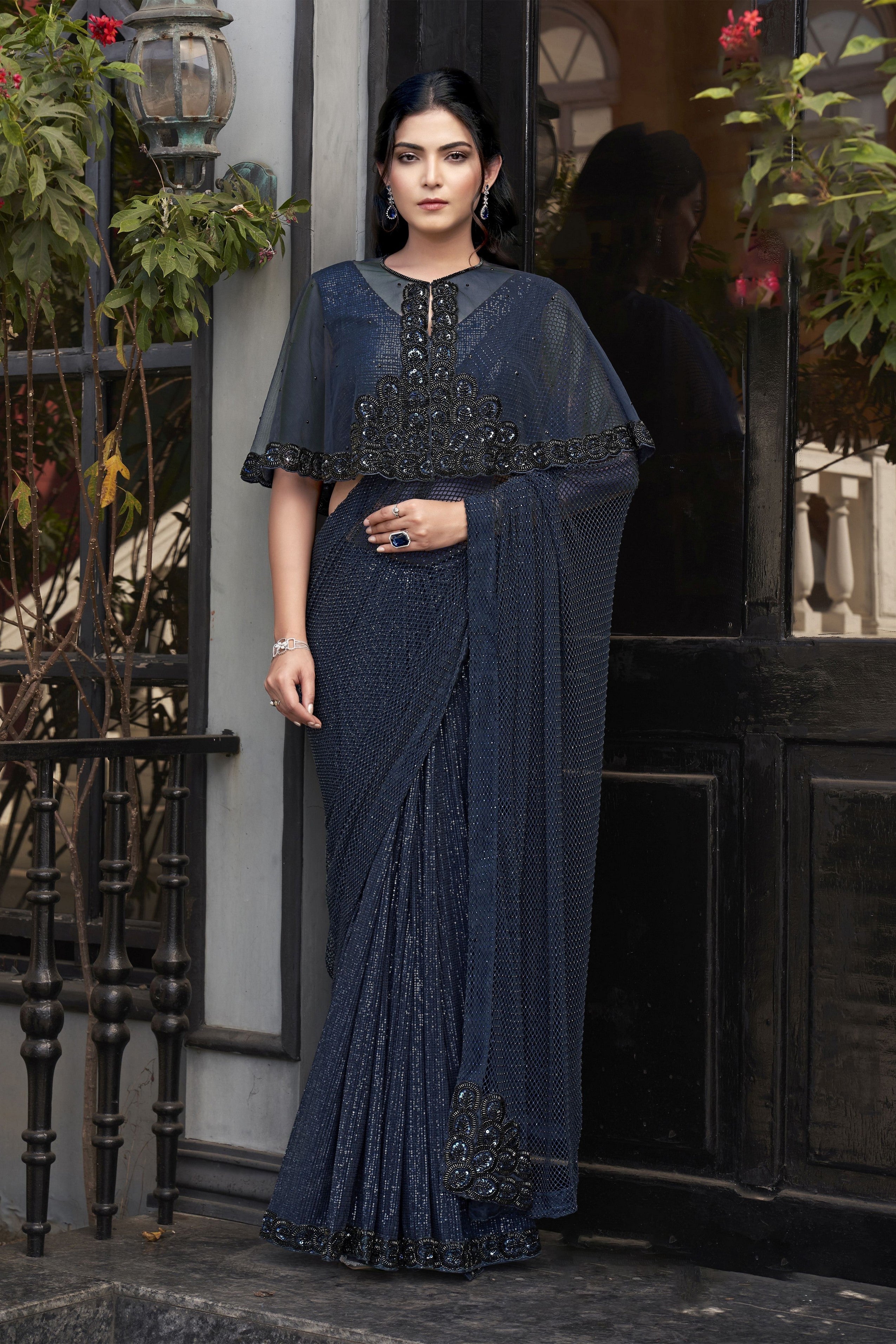 Navy Blue Armani Tulle Designer Sequence Embroidery With Hand Beads Stone Work Wedding Season Saree