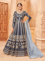 Navy Blue Art Silk Heavy Thread Embroidery with Zari Work  Anarkali Suits