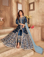 Navy Blue Art Silk Thread Embroidery, Zari With Mirror Work  Anarkali Suits