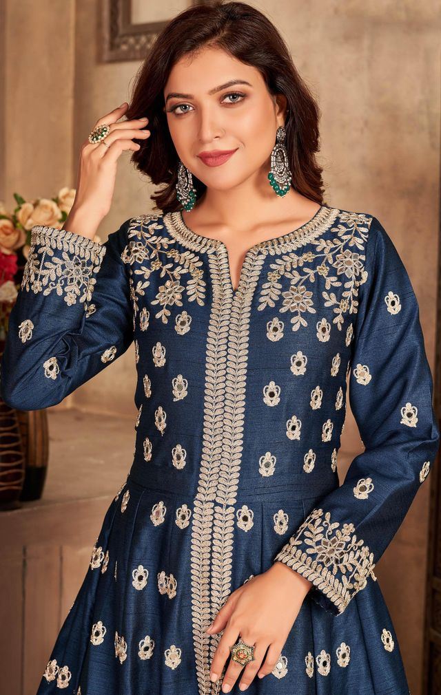 Navy Blue Art Silk Thread Embroidery, Zari With Mirror Work  Anarkali Suits