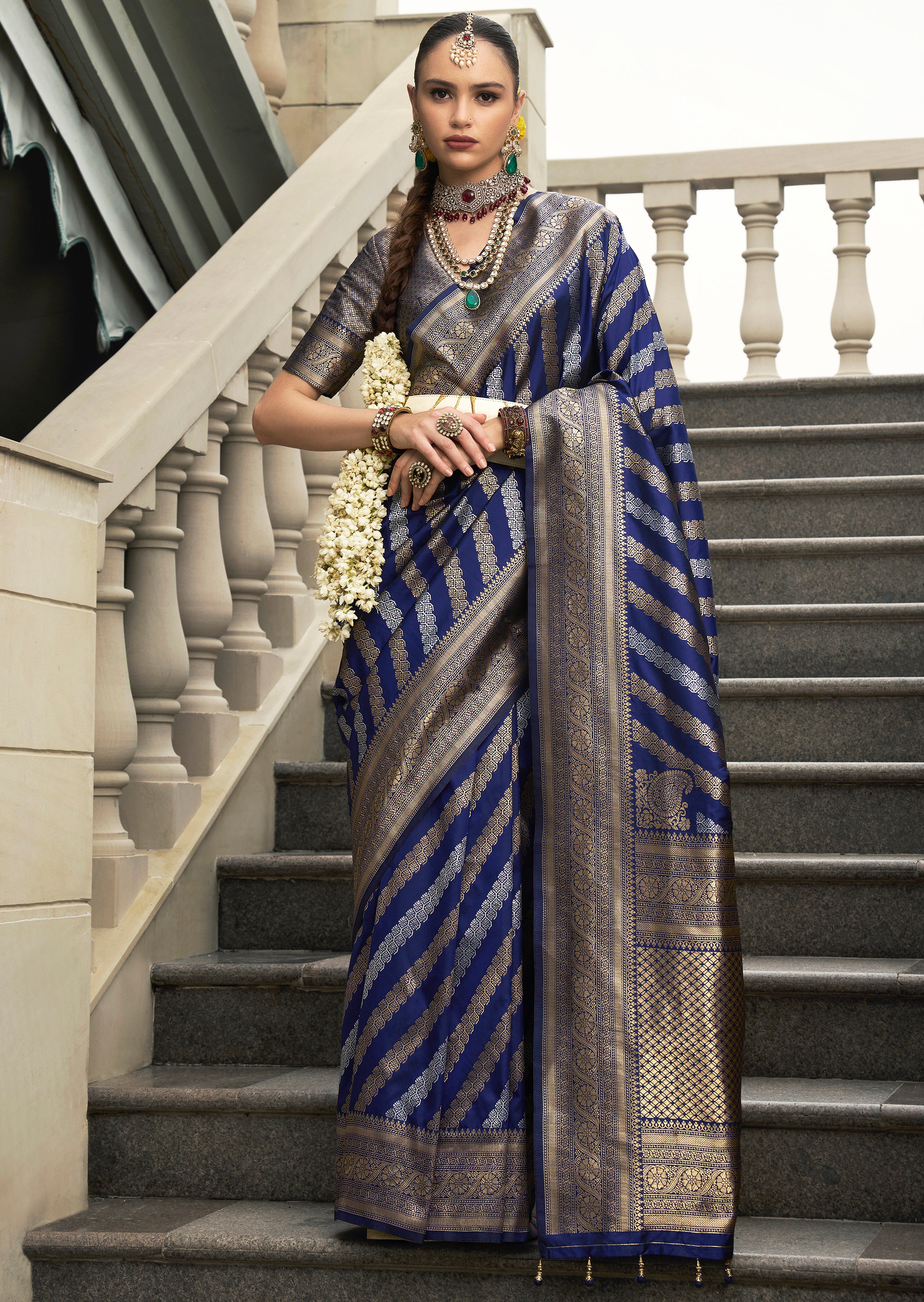 Navy Blue Banarasi Silk Saree With  Jacquard Woven Work