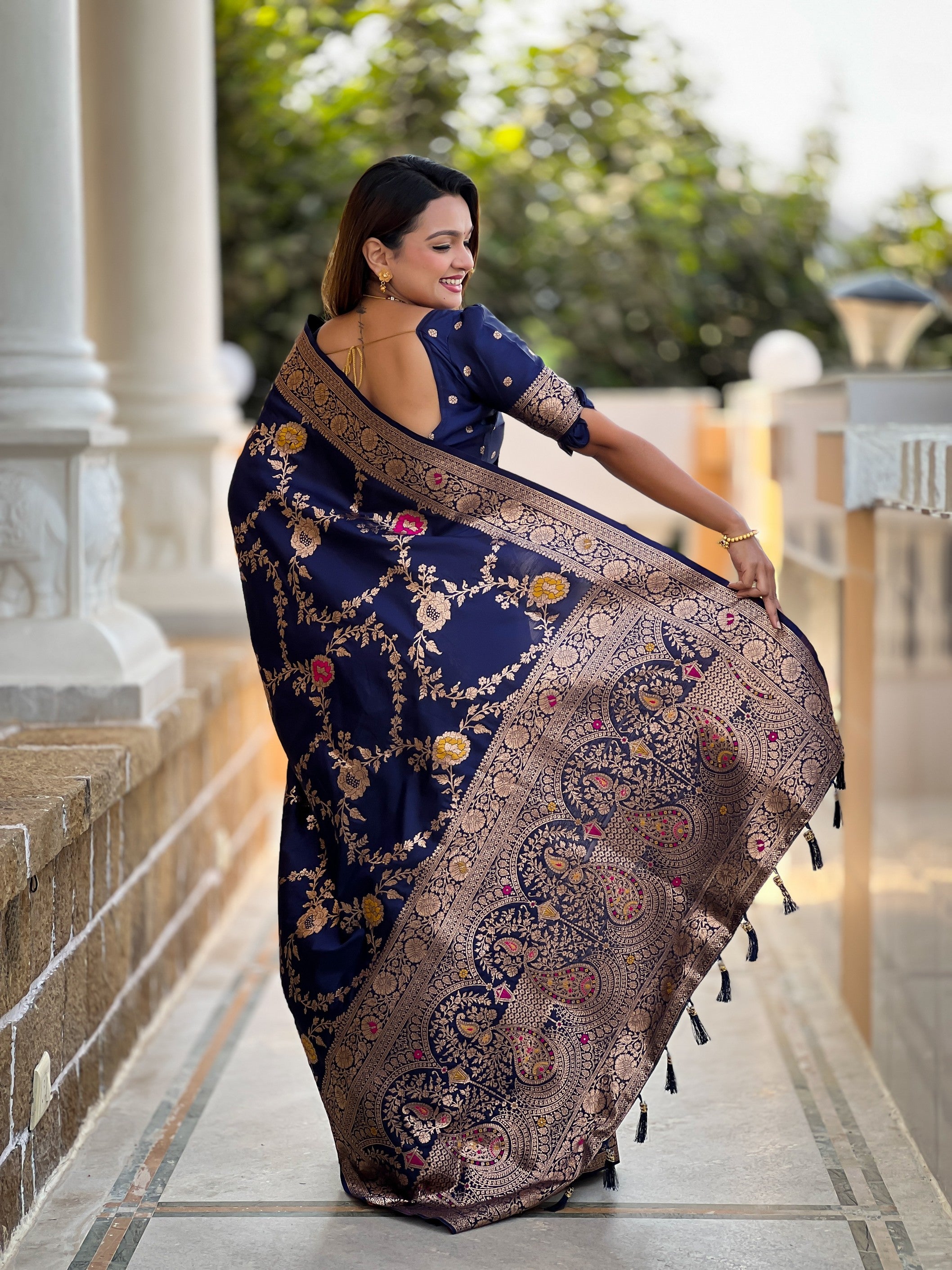 Navy Blue Banarasi Silk Saree With Traditional Woven Meenakari Designer Traditional Looks