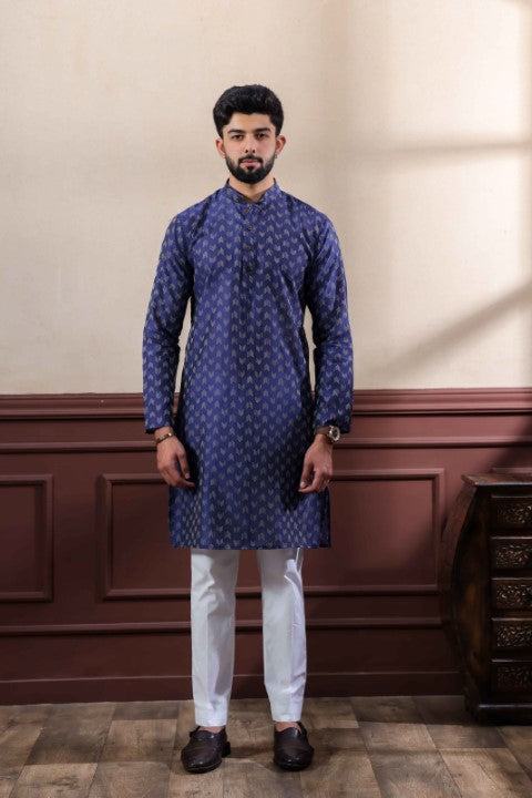 Navy Blue Blended Cotton Wevon Dobby Kurta Pajama