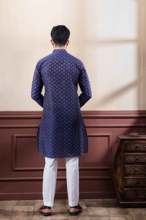 Navy Blue Blended Cotton Wevon Dobby Kurta Pajama