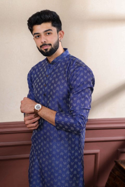 Navy Blue Blended Cotton Wevon Dobby Kurta Pajama