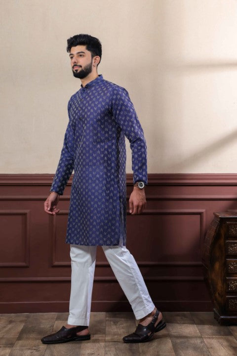 Navy Blue Blended Cotton Wevon Dobby Kurta Pajama