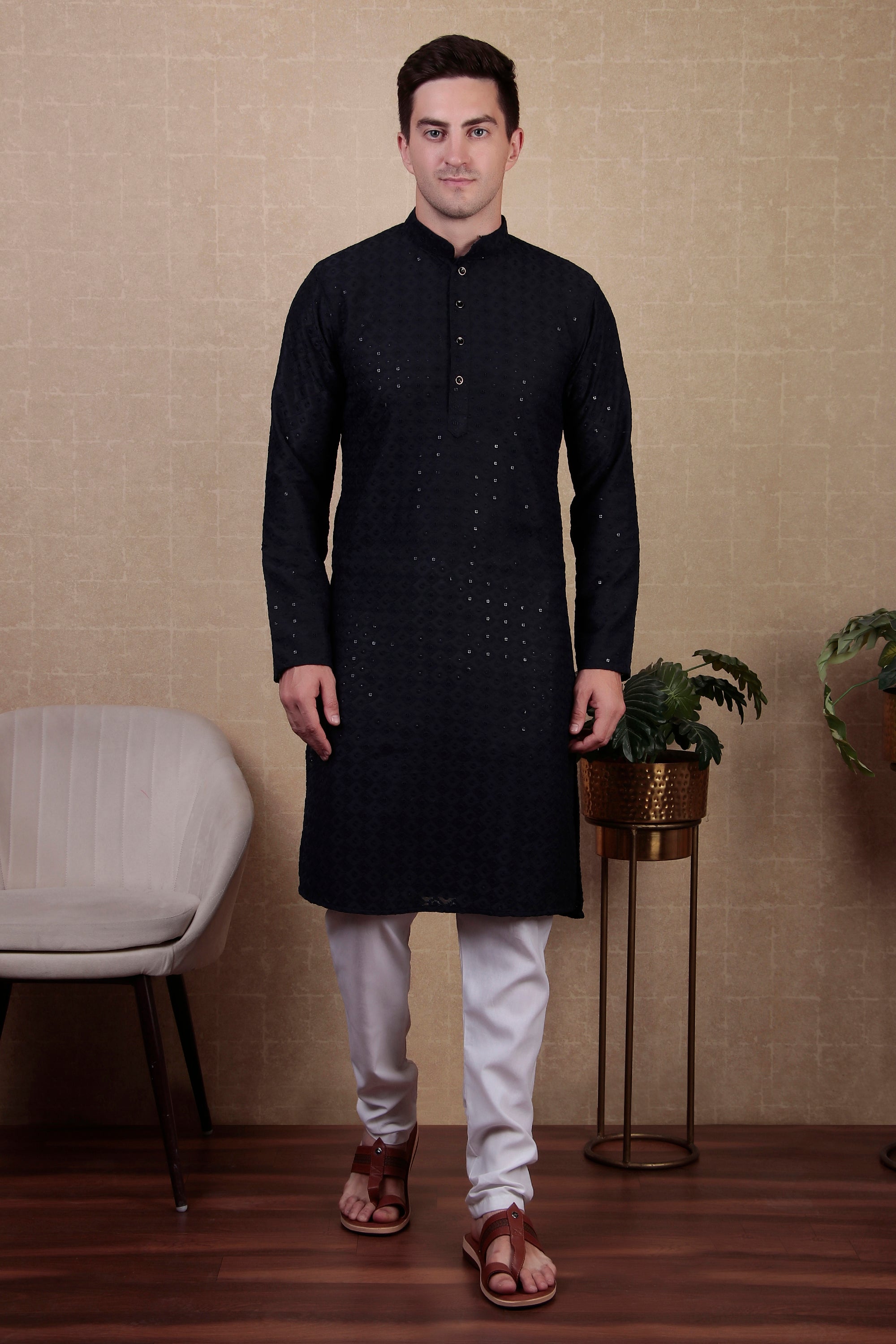 Navy Blue Bollywood Style Kurta Payjama Set with Sequins – Elegant Party Ensemble