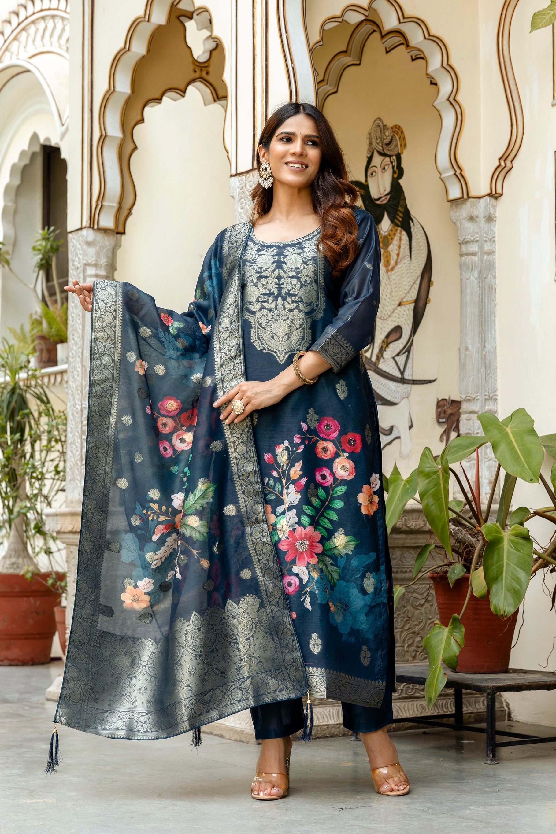 Navy Blue Chanderi Cotton Kurta Pant Set With Jacquard Woven With Digital Print