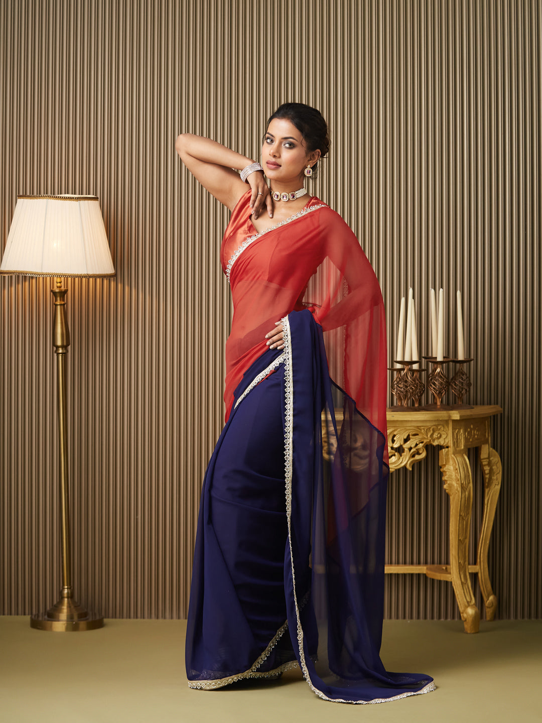 Navy Blue Chiffon Fancy Designer Bollywood Party Saree