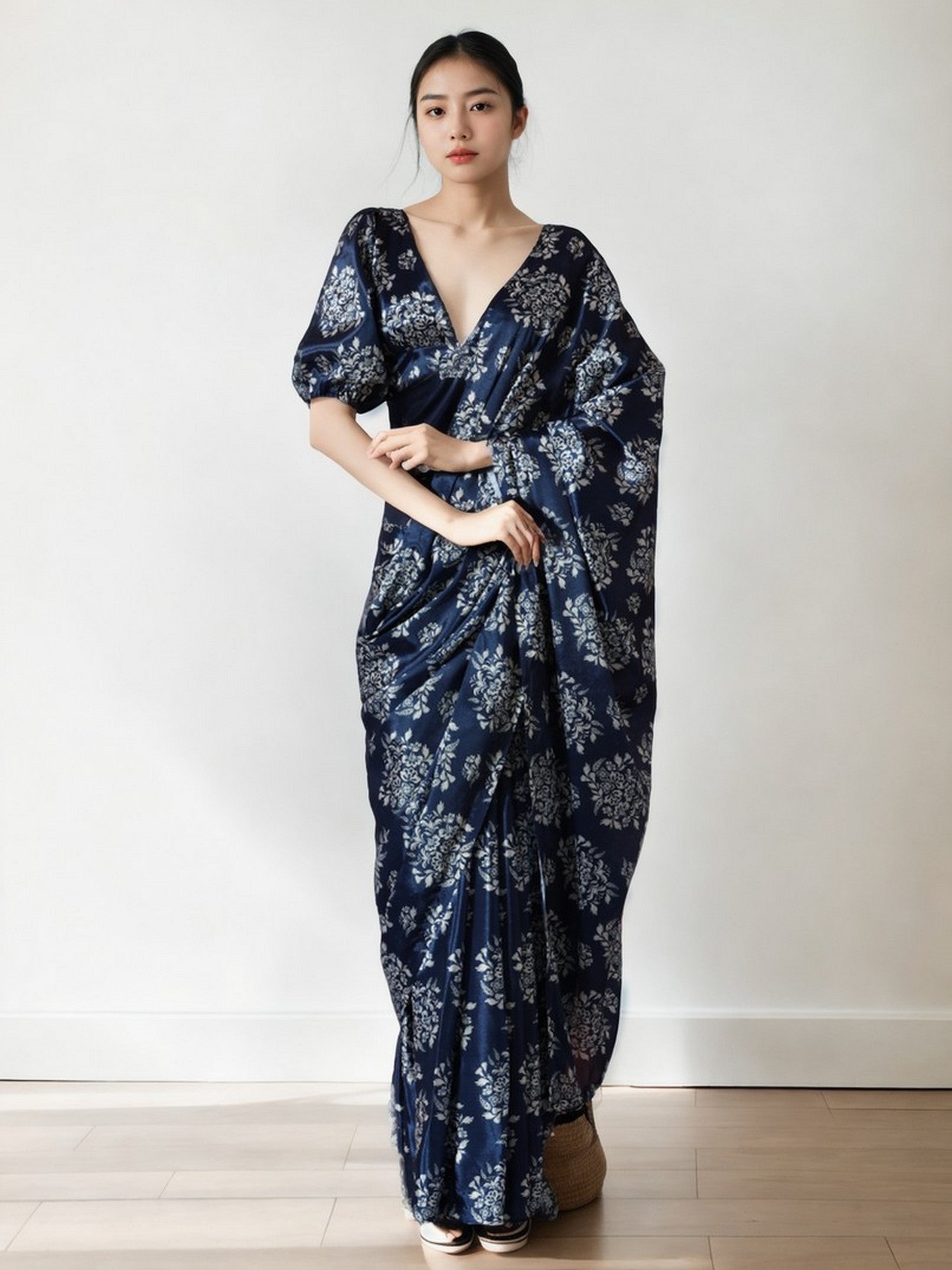 Navy Blue Chinnon Digital Print & Lace Border Trendy Ready To Wear Saree