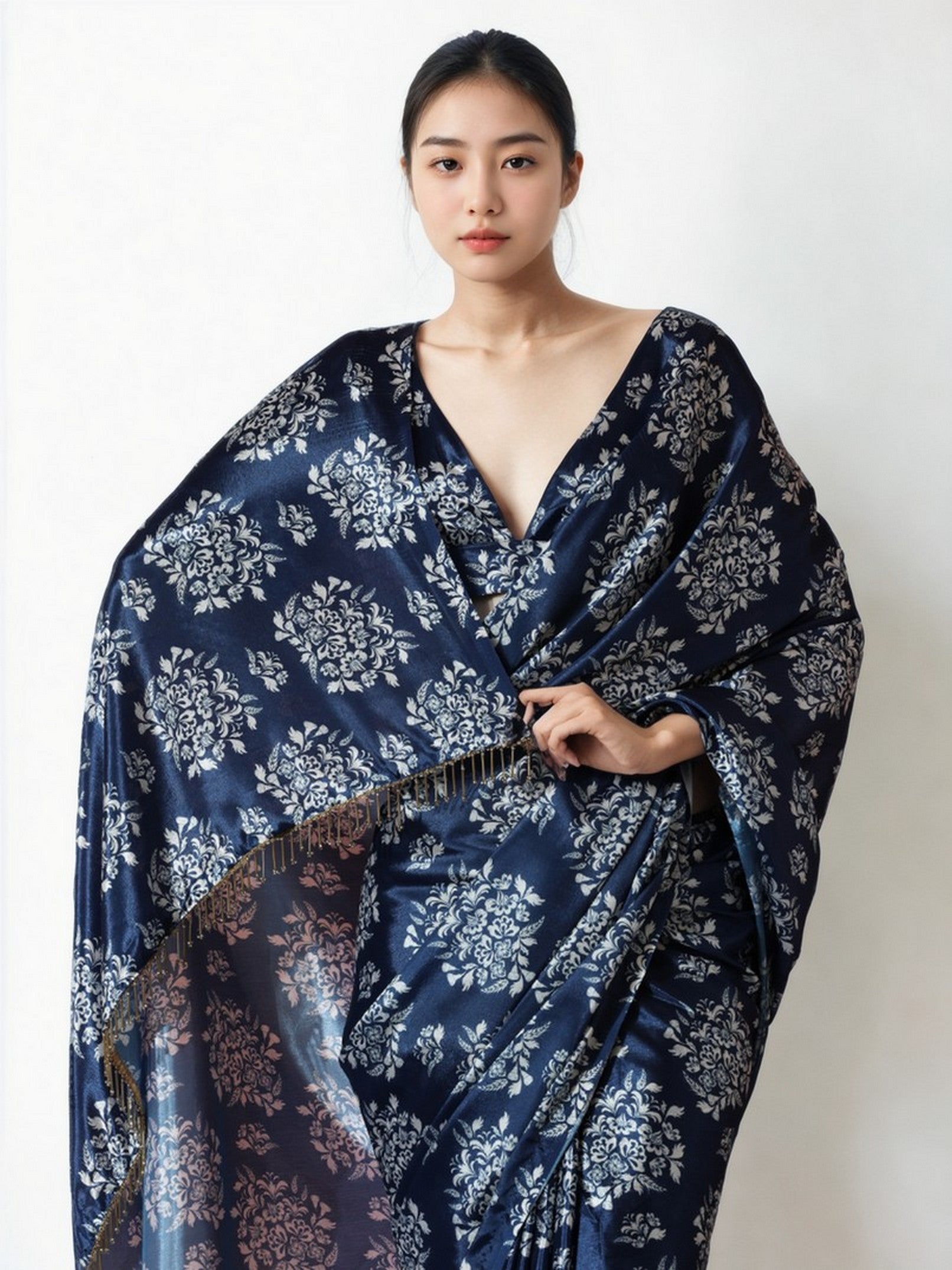 Navy Blue Chinnon Digital Print & Lace Border Trendy Ready To Wear Saree
