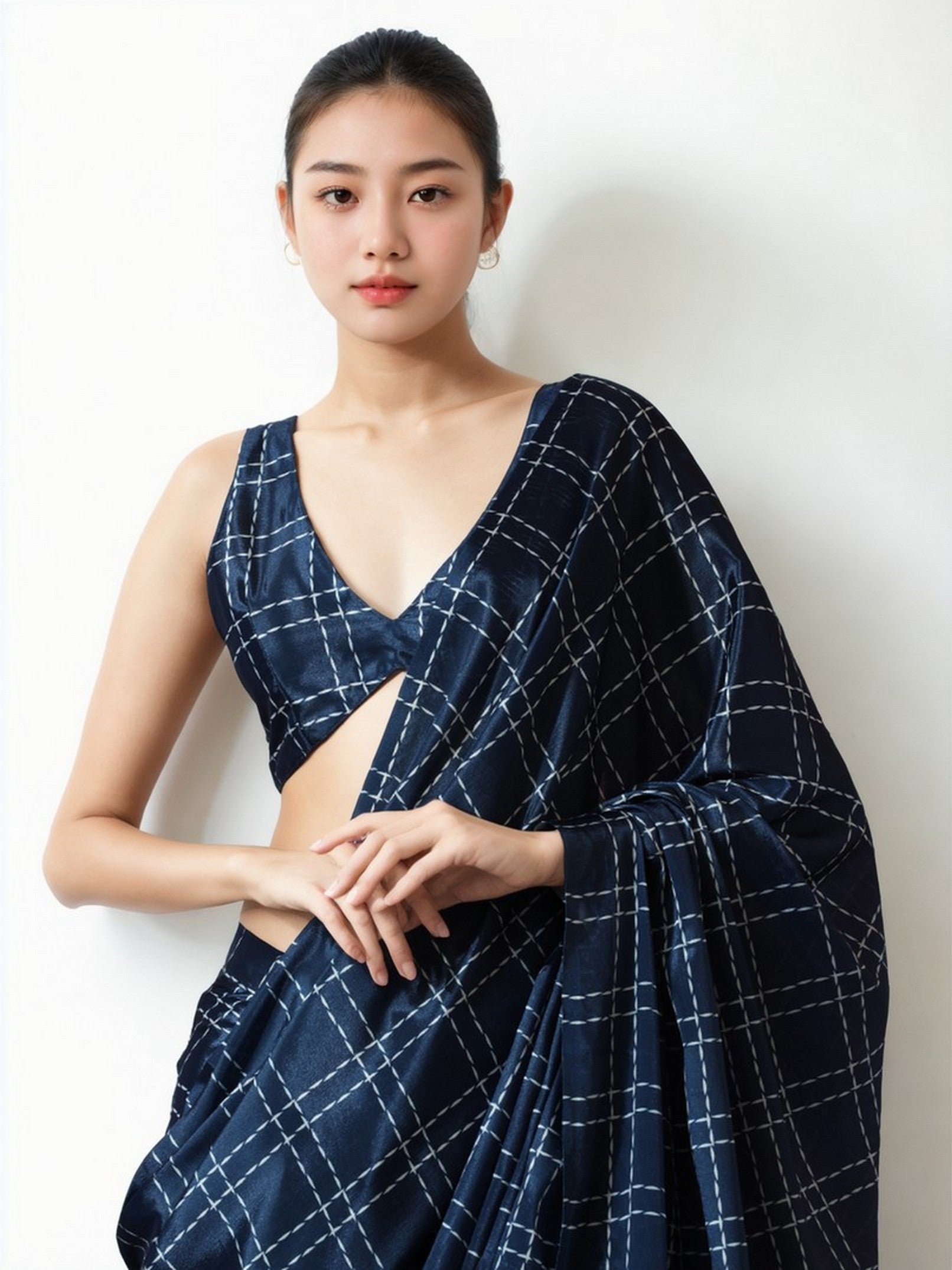 Navy Blue Chinnon Partywear Printed Girlie Ready To Wear Saree