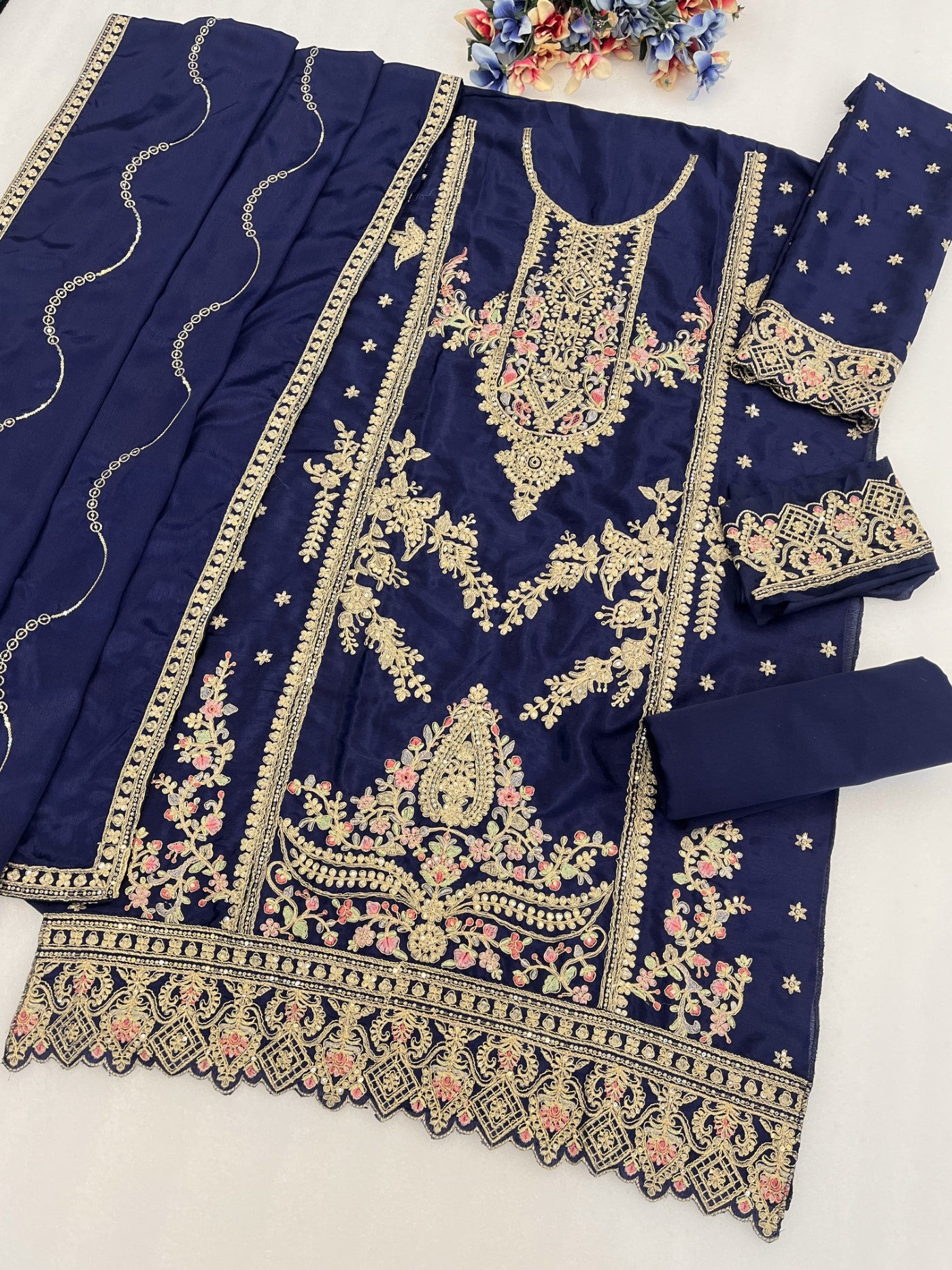 Navy Blue Chinon Designer Suit Set With Elegant Embroidery