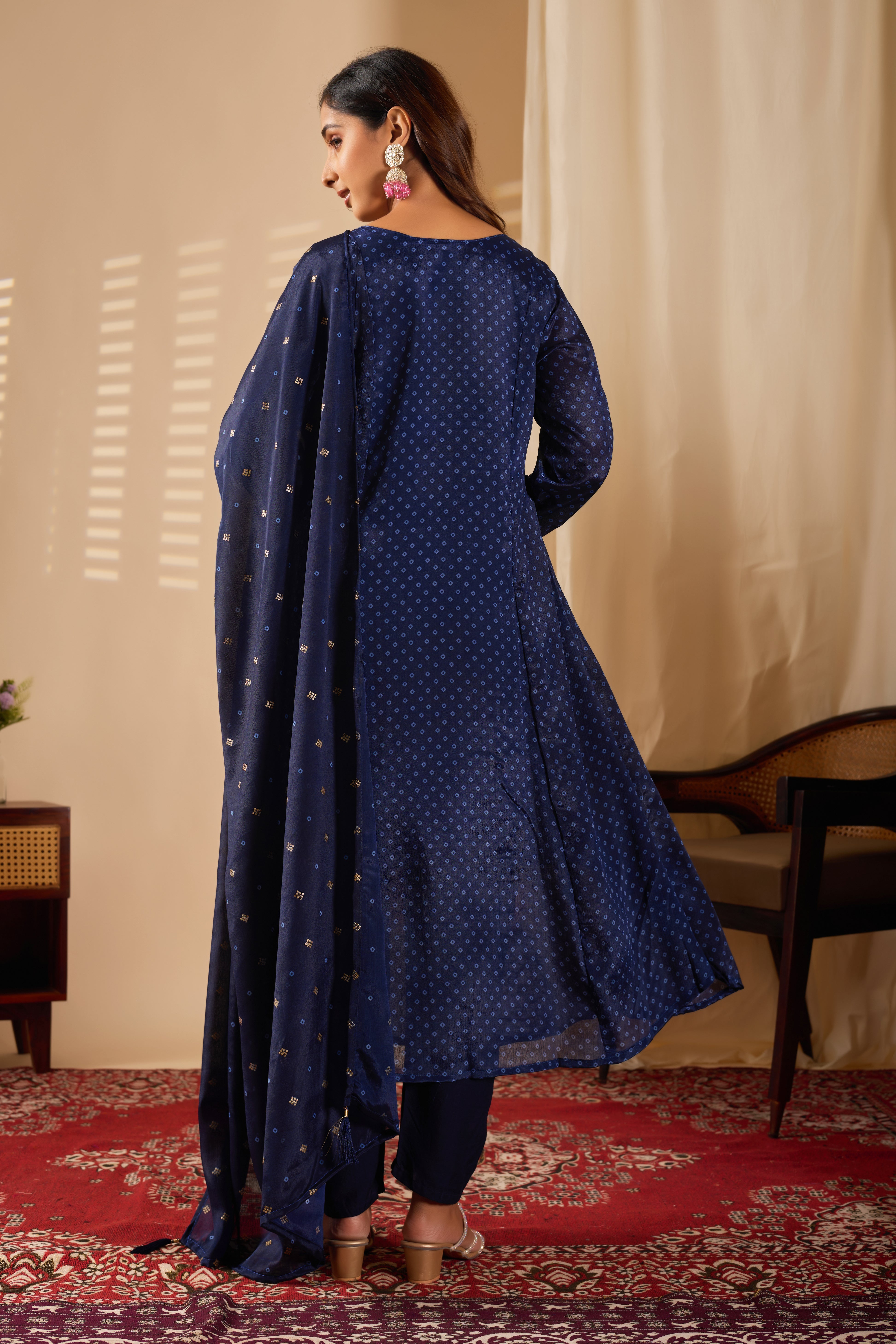 Navy Blue Chinon Kurta Pant Set With Print With Heavy Thread Embroidered Work