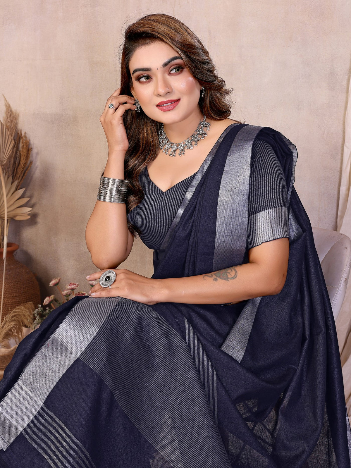 Navy Blue Cotton Saree With Silver Zari Border