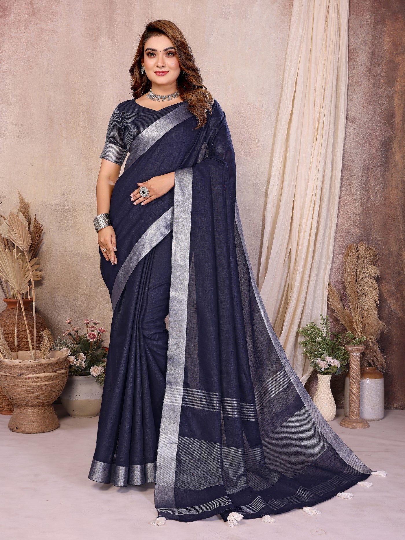 Navy Blue Cotton Saree With Silver Zari Border