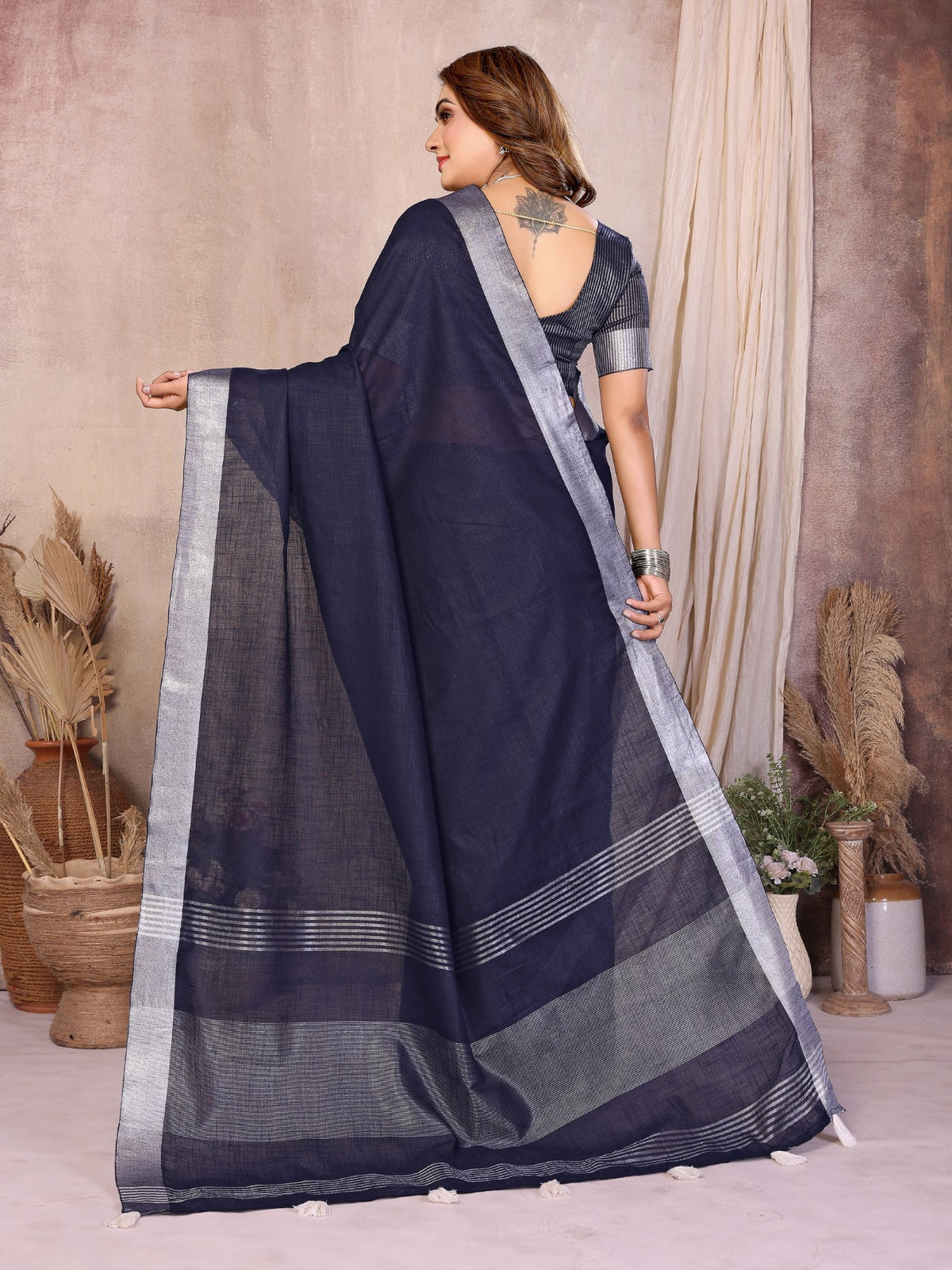 Navy Blue Cotton Saree With Silver Zari Border