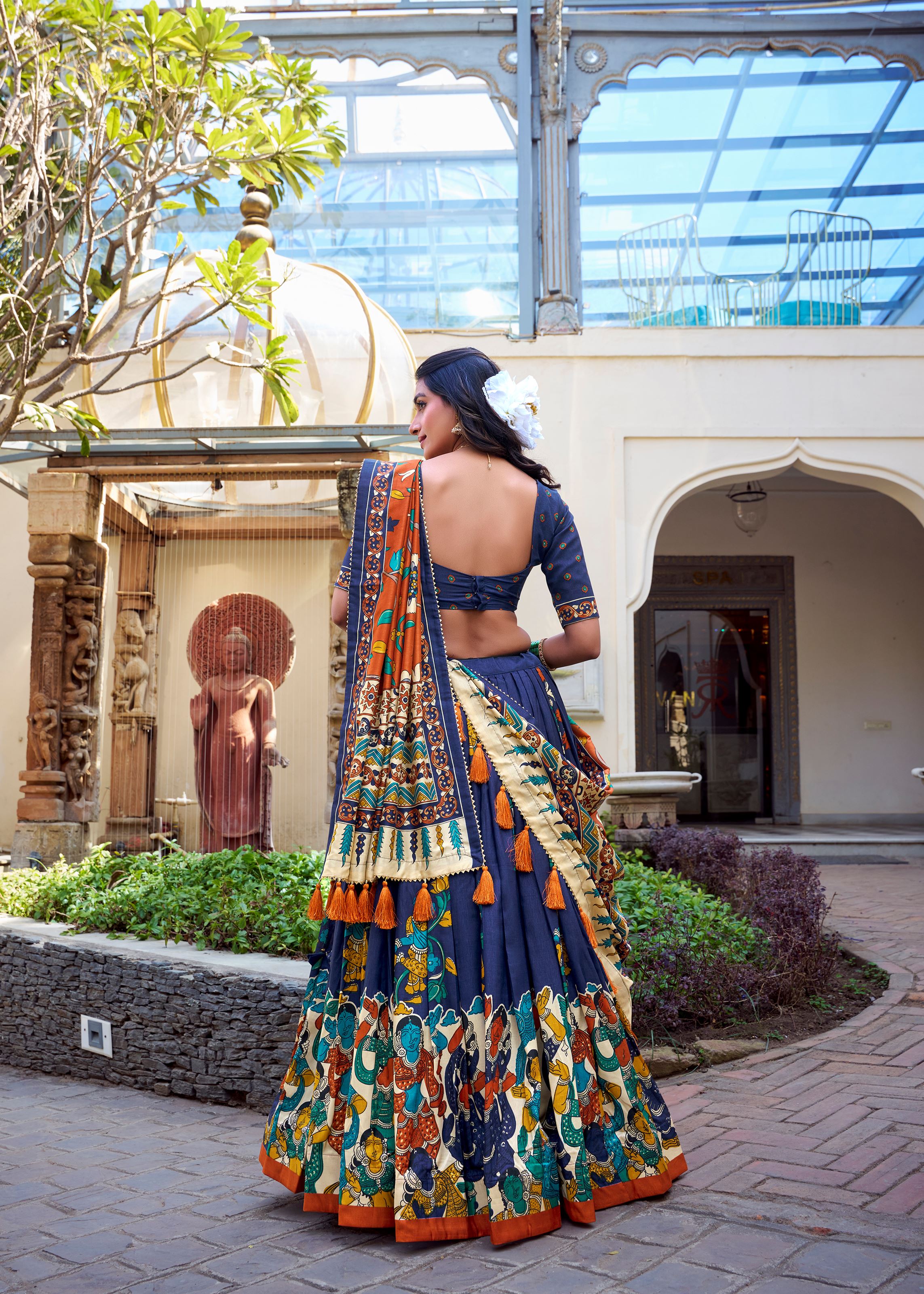 Navy Blue Elegance Tussar Silk Lehenga with Kalamkari Magic & Gota Patti Glam