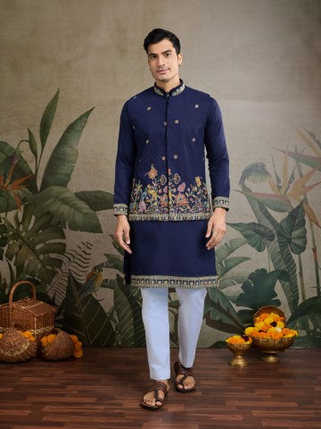 Navy Blue Embroidered Kurta with Jacket for Ceremonial Look