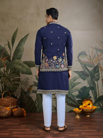 Navy Blue Embroidered Kurta with Jacket for Ceremonial Look