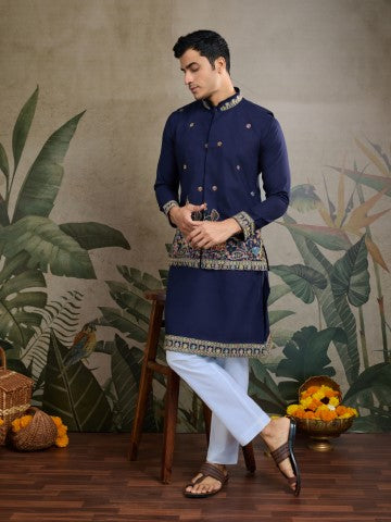 Navy Blue Embroidered Kurta with Jacket for Ceremonial Look