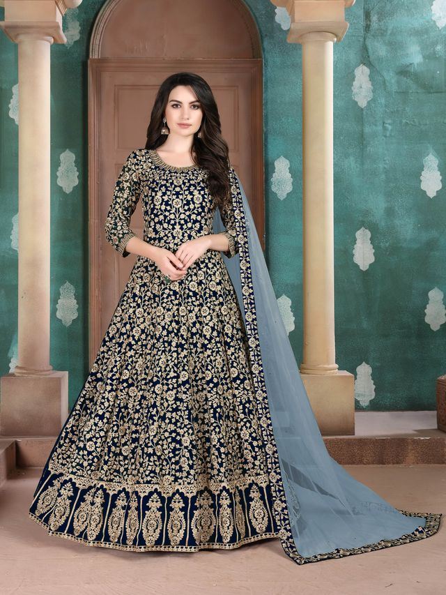 Navy Blue Faux Georgette Heavy Embroidery with Embroidered lace dupatta  Anarkali Suits